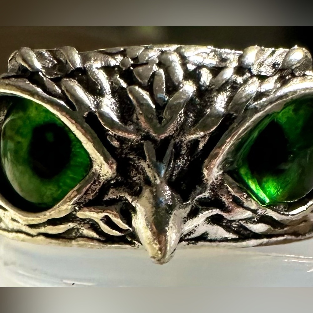 Antique Silver Green Eye Owl ring adjustable nice 925S stamped hallmarked
